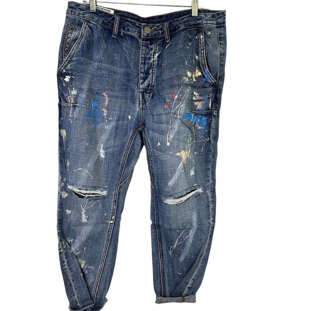 Man X One Teaspoon 34R Mr Browns Paint‎ Splattered Denim Jeans Blue Suede 19829B